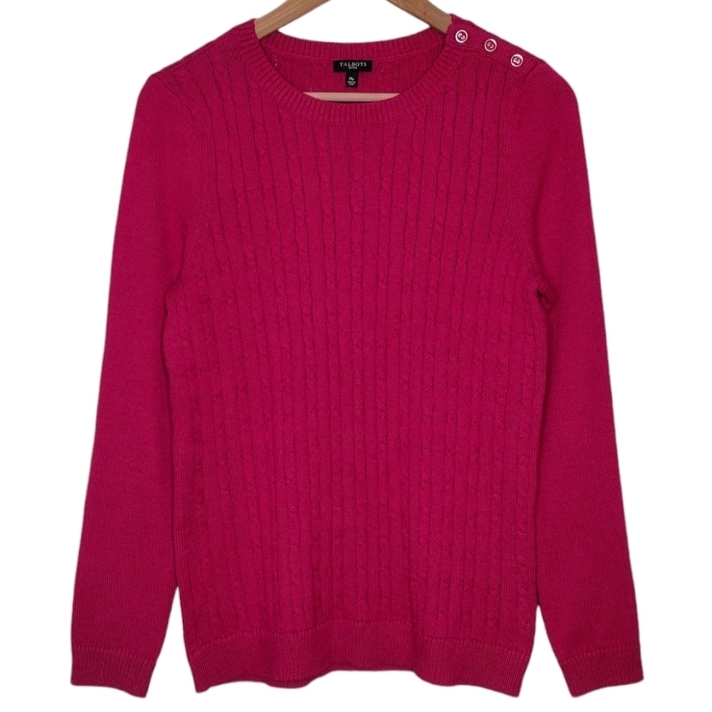 Talbots Hot Pink Cable Knit Shoulder Button Long Sleeve Crewneck Sweater Size Mp